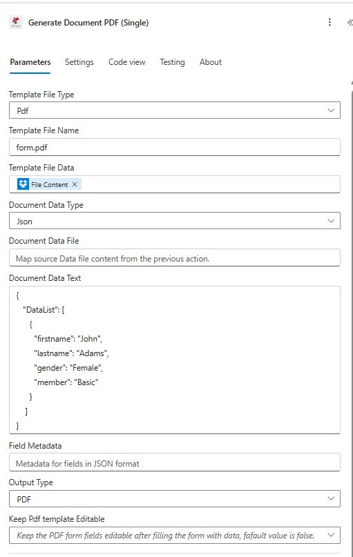 Die PDF4me-Dokumentgenerierungsaktion ist in einem Power Automate-Flow konfiguriert. Der Dateityp der Vorlage ist auf „PDF4me Word-Vorlage“ und der Ausgabetyp auf „PDF“ festgelegt. Als Vorlage dient eine aus SharePoint zugeordnete Word-Vorlage.